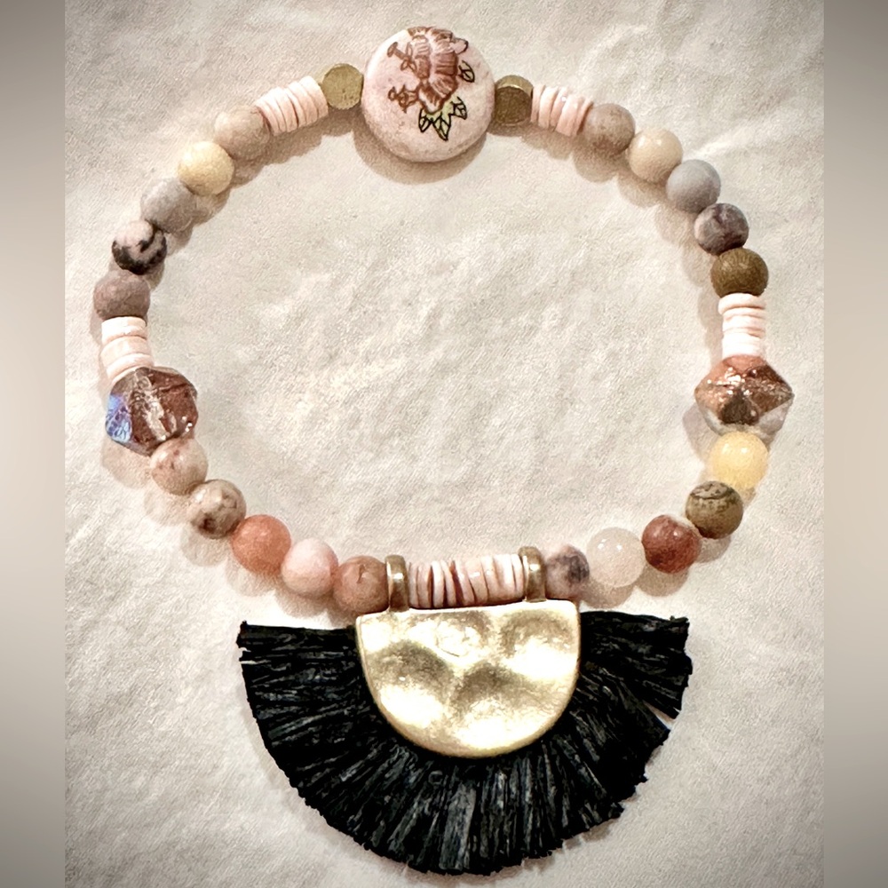 Handcrafted Vintage Han Dynasty vibe beaded bracelet with fringe focal accent❣️
